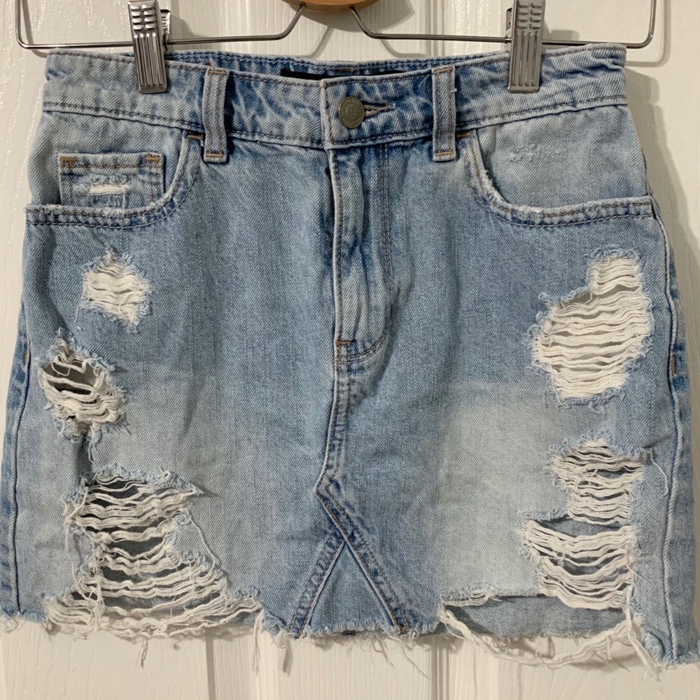 Light Wash Distressed Denim Mini Skirt